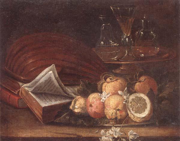 unknow artist Still life of a lute,books,apples and lemons,together with a gilt tazza with a wine glass and decanters,all upon a stone ledge Sweden oil painting art